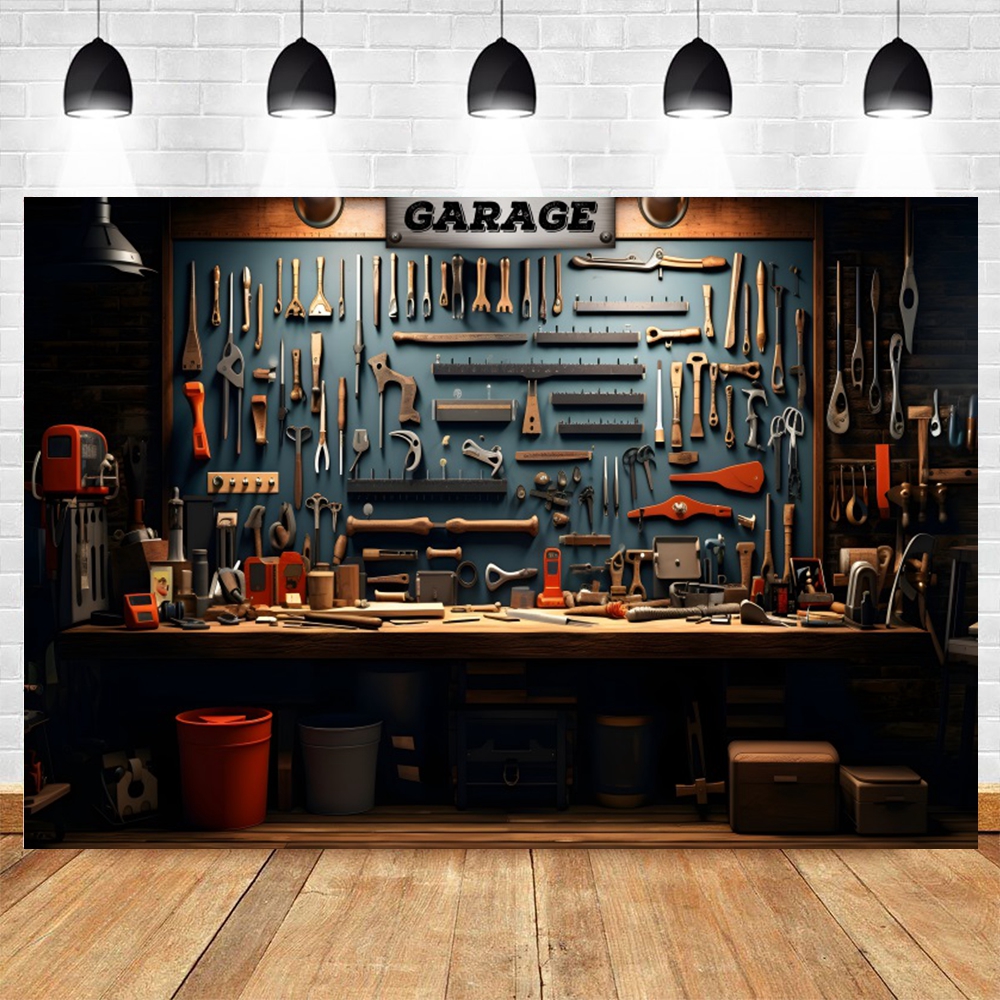 Vintage Garage Backdrop for Ph - Workshop Tools Background recension och pris