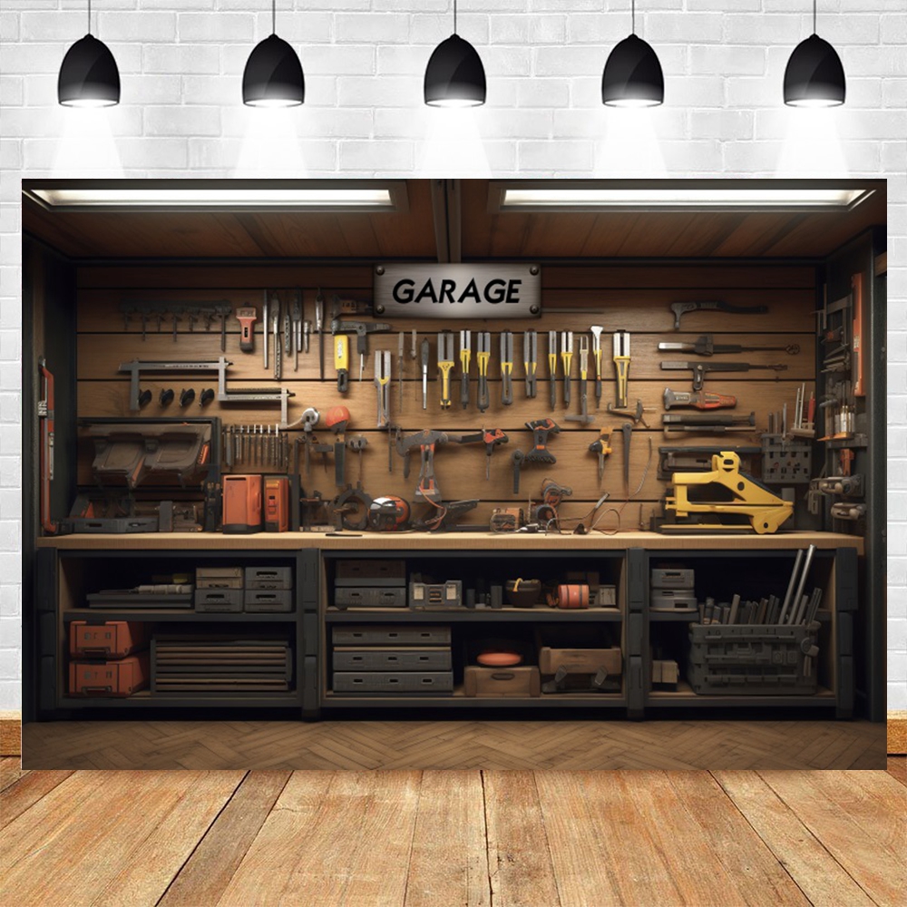 Vintage Garage Backdrop for Ph - Workshop Tools Background recension och pris