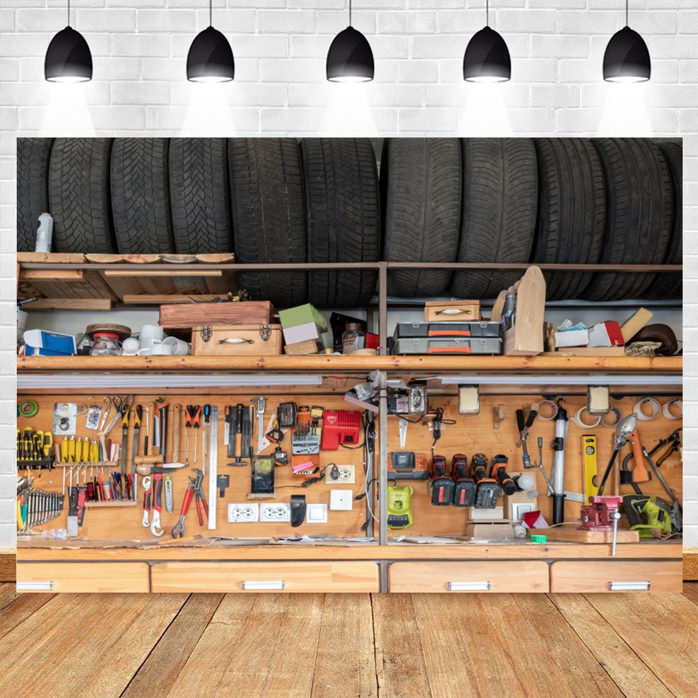 Vintage Garage Backdrop for Ph - Workshop Tools Background recension och pris