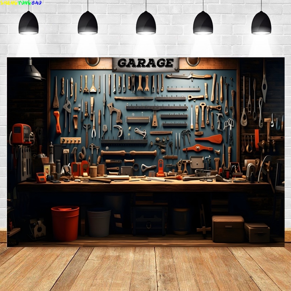 Vintage Garage Backdrop for Ph - Workshop Tools Background recension och pris
