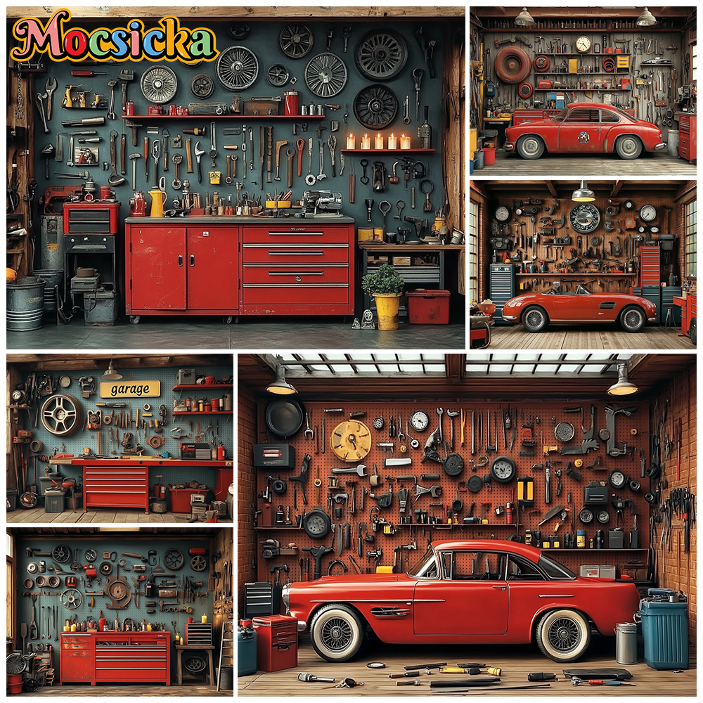 Mocsicka Red Classic Car Garag - Workshop Tools Background recension och pris